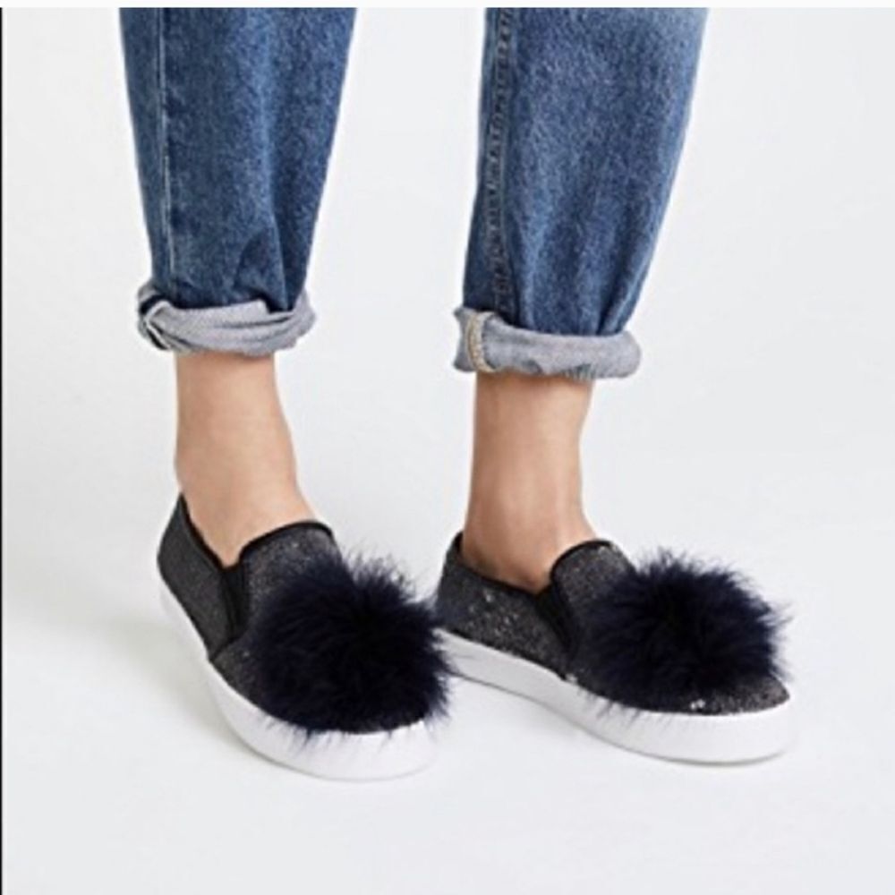 Kate Spade Latisa Fur Pom Sequin Sneakers in Midnight Size 9.5